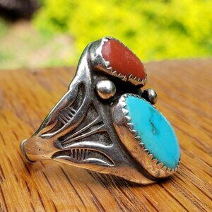 Vintage NA Turquoise Coral Native American Sterling Silver Ring Signed AR RR
